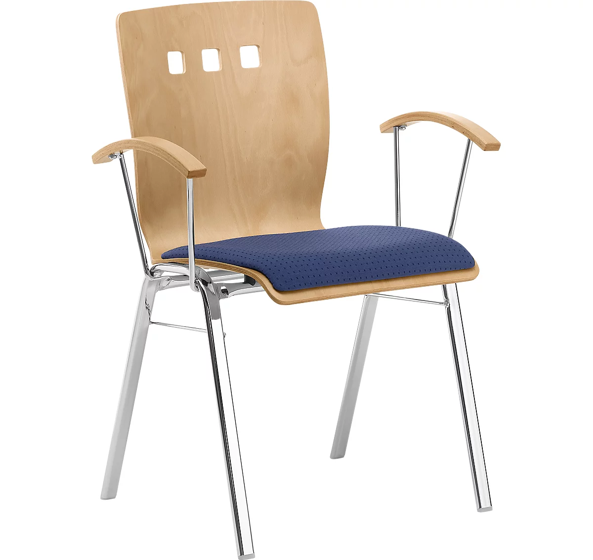 Silla apilable 7450, asiento moldeado, apoyo lumbar, perforaciones de diseño, con reposabrazos, tapizado Point/Trevira CS, azul
