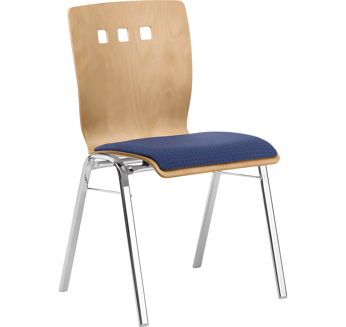 Silla apilable 7450, asiento moldeado, apoyo lumbar, perforaciones de diseño, sin reposabrazos, tapizado Point/Trevira CS, azul