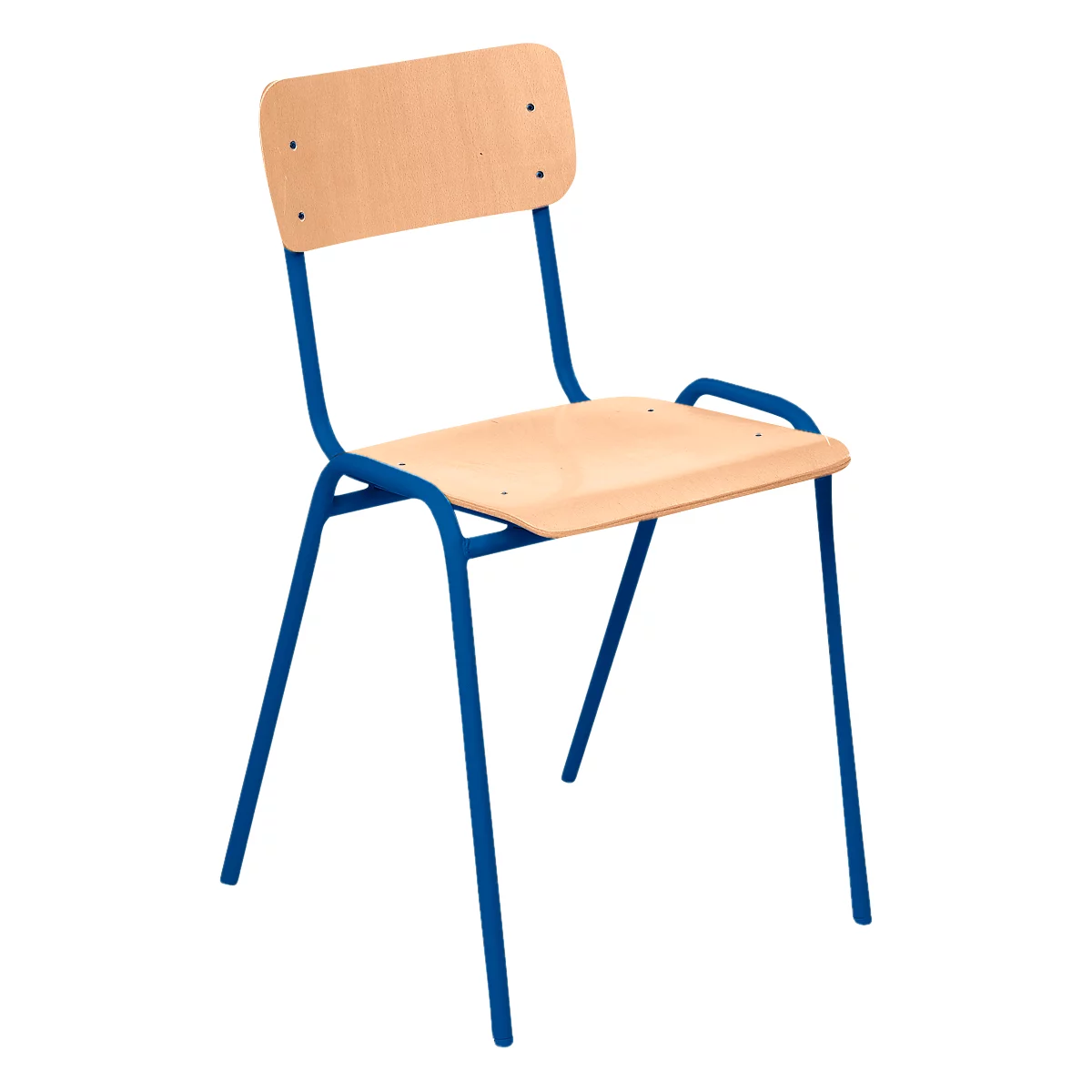 Una silla escolar con patas de metal azul, marco y asiento de madera.