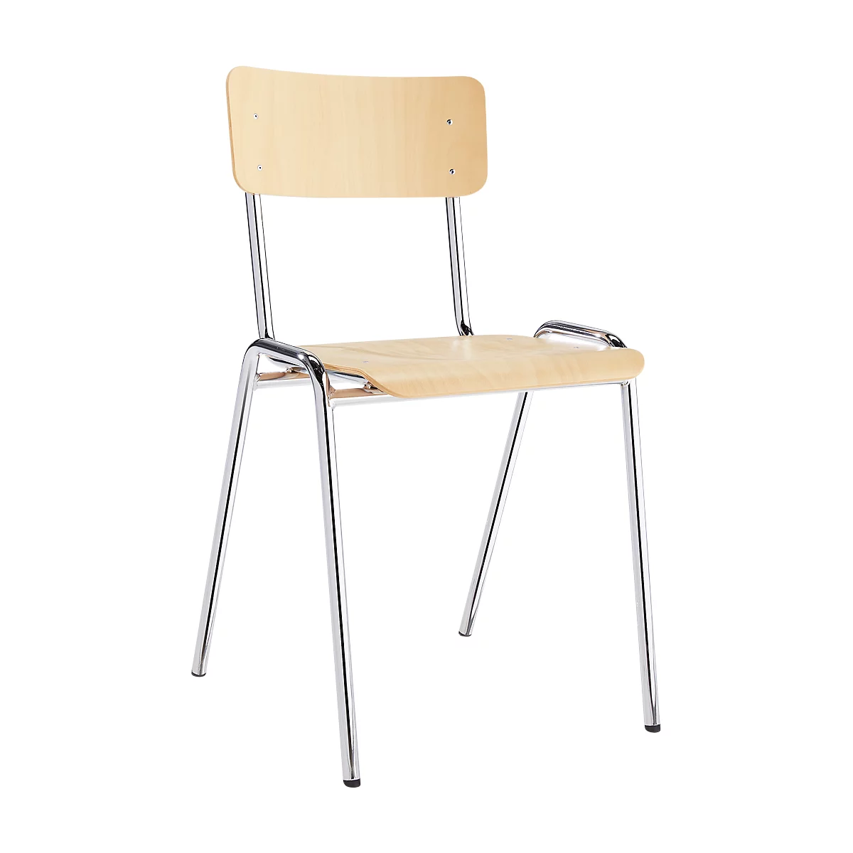 Silla con respaldo y asiento de madera clara, marco cromado.