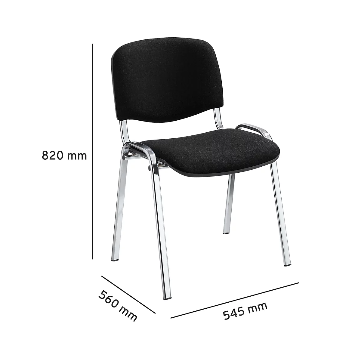 Silla apilable ISO Basic, sin reposabrazos, base de 4 patas, revestimiento de tela, apilable hasta 12 piezas, ancho 545 x fondo 560 x alto 820 mm, revestimiento negro, marco de aluminio plateado