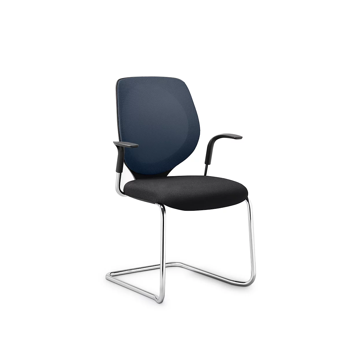 Silla cantilever GIROFLEX 353, con respaldo de malla, tubo de acero de precisión, apilable, con reposabrazos, azul/negro