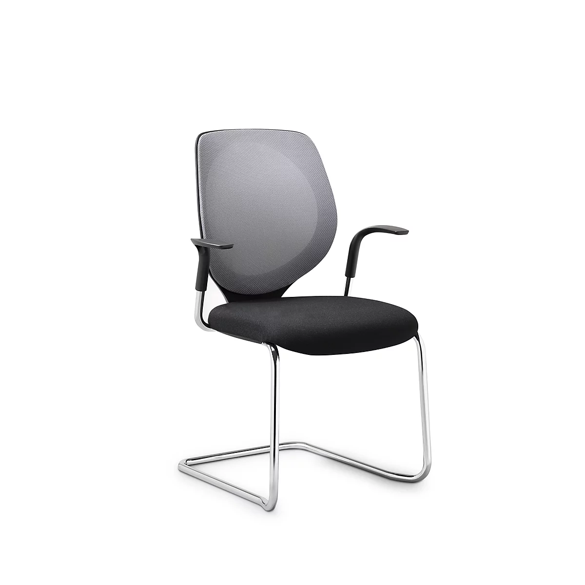 Silla cantilever GIROFLEX 353, con respaldo de malla, tubo de acero de precisión, apilable, con reposabrazos, gris/negro