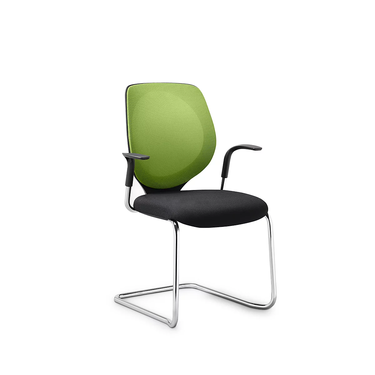 Silla cantilever GIROFLEX 353, con respaldo de malla, tubo de acero de precisión, apilable, con reposabrazos, verde/negro