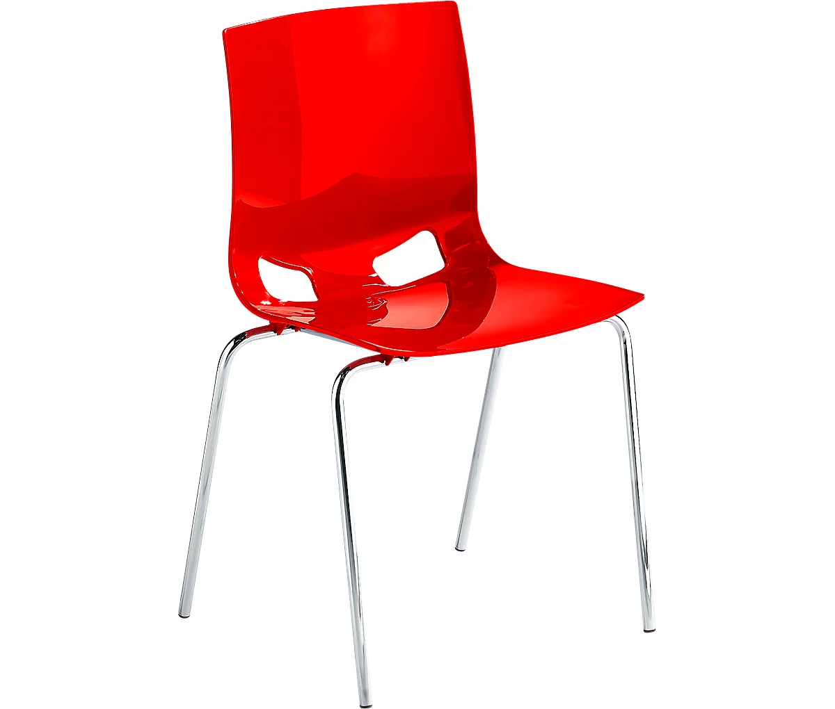Silla de bistró FONDO, silla de plástico de 4 patas, marco cromado, apilable hasta 6 sillas, rojo