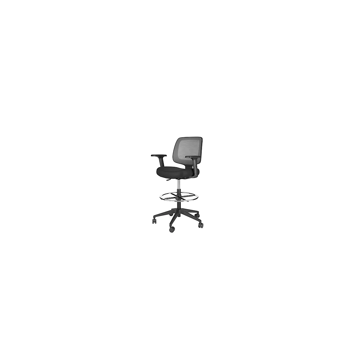 Silla de oficina negra con ruedas y reposapiés. Respaldo y asiento son negros. Apoyabrazos adjuntos.