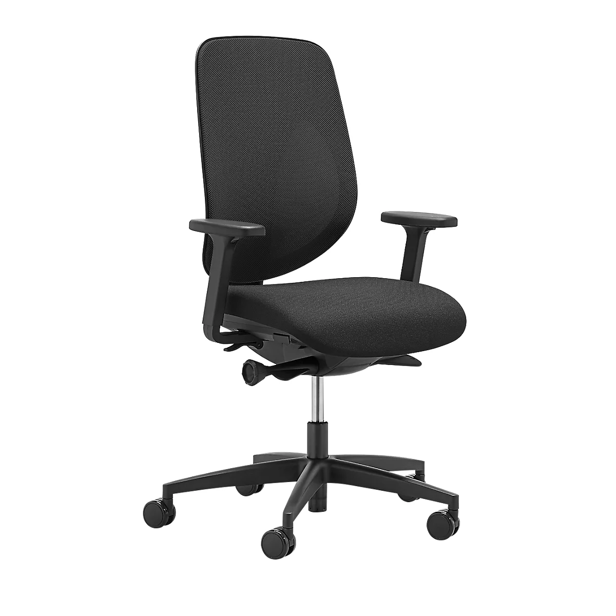 Silla de oficina Giroflex 353, con reposabrazos, mecanismo autosincrónico, asiento contorneado, respaldo de malla 3D, negro/negro