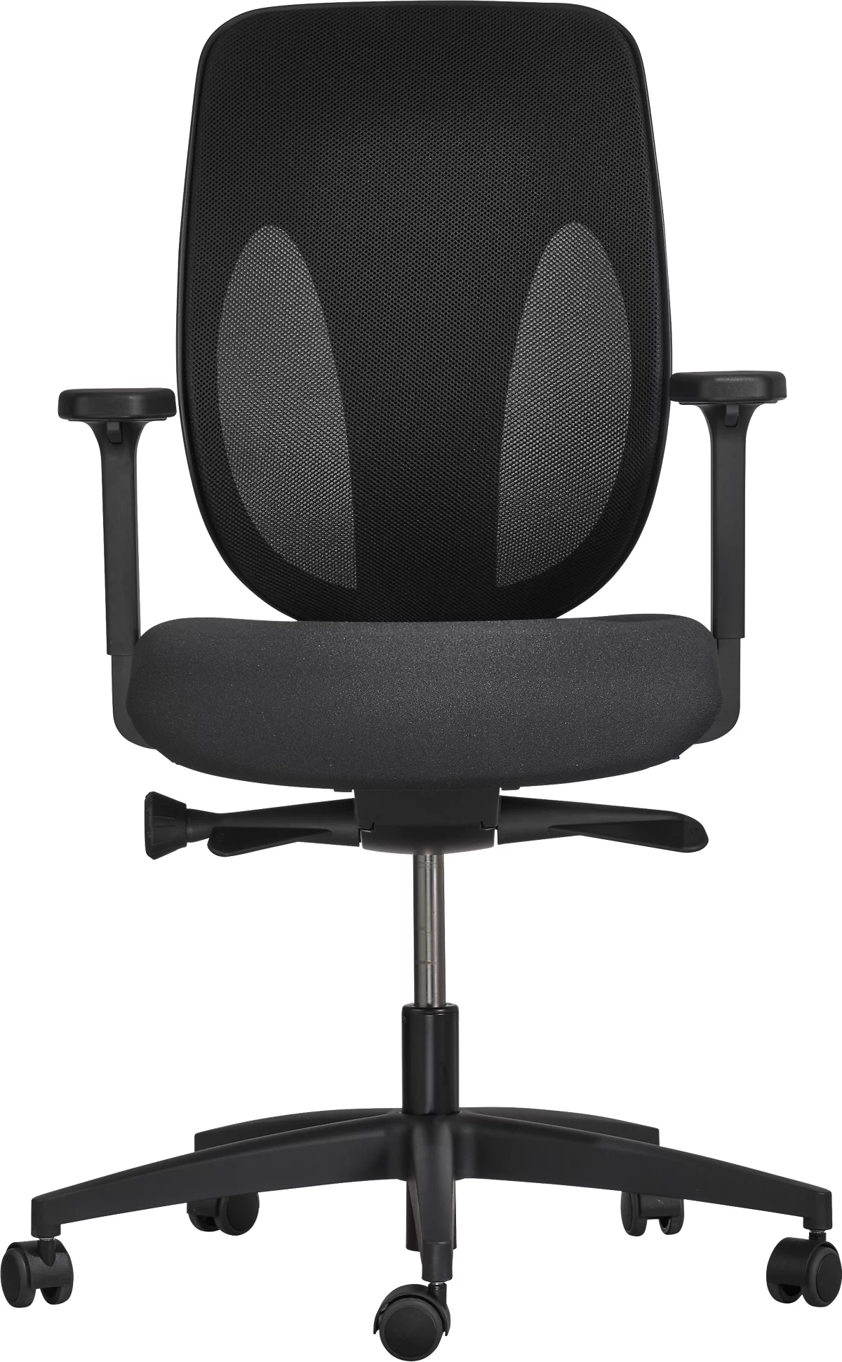 Silla de oficina Giroflex 353, con reposabrazos, mecanismo autosincrónico, asiento contorneado, respaldo de malla 3D, negro/negro