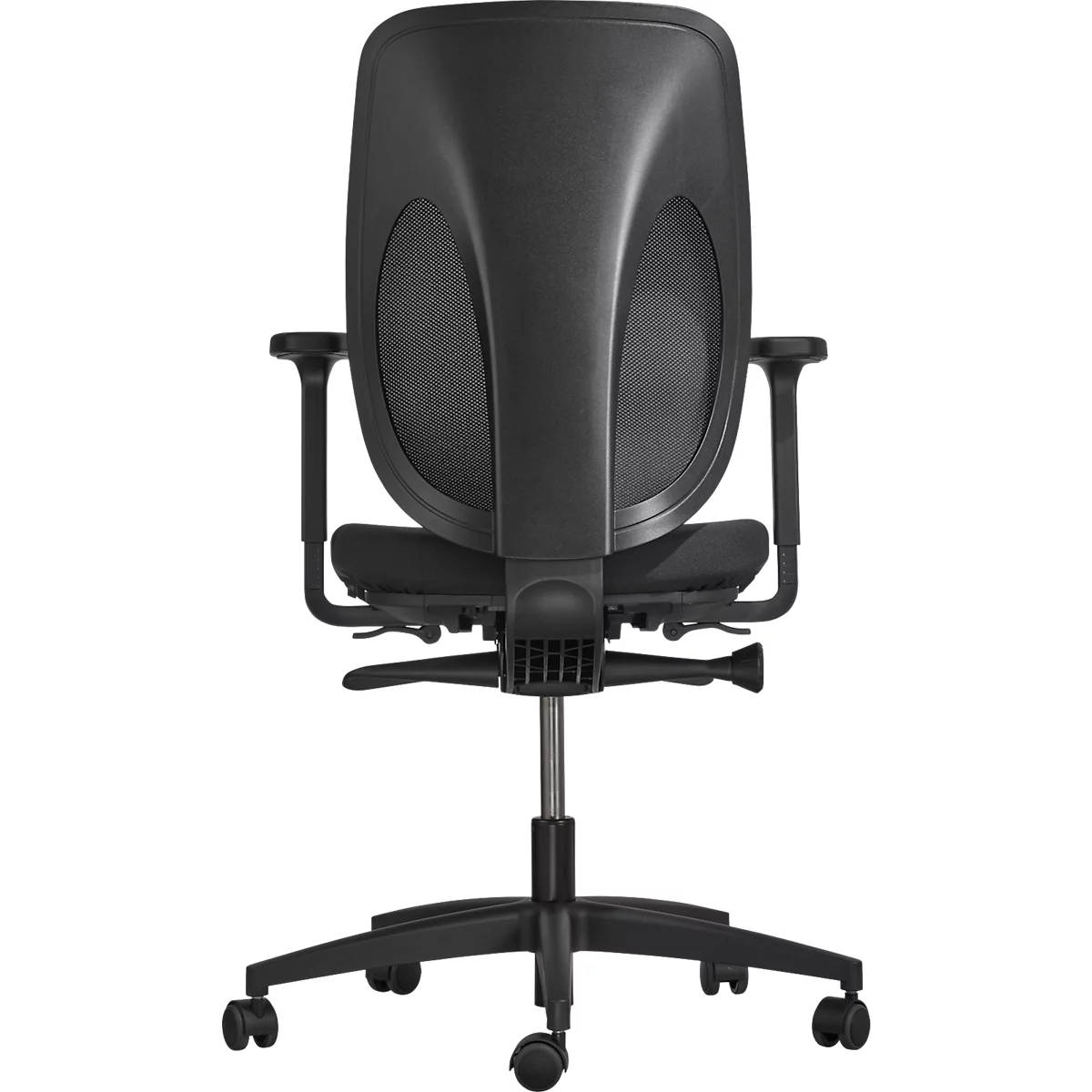 Silla de oficina Giroflex 353, con reposabrazos, mecanismo autosincrónico, asiento contorneado, respaldo de malla 3D, negro/negro