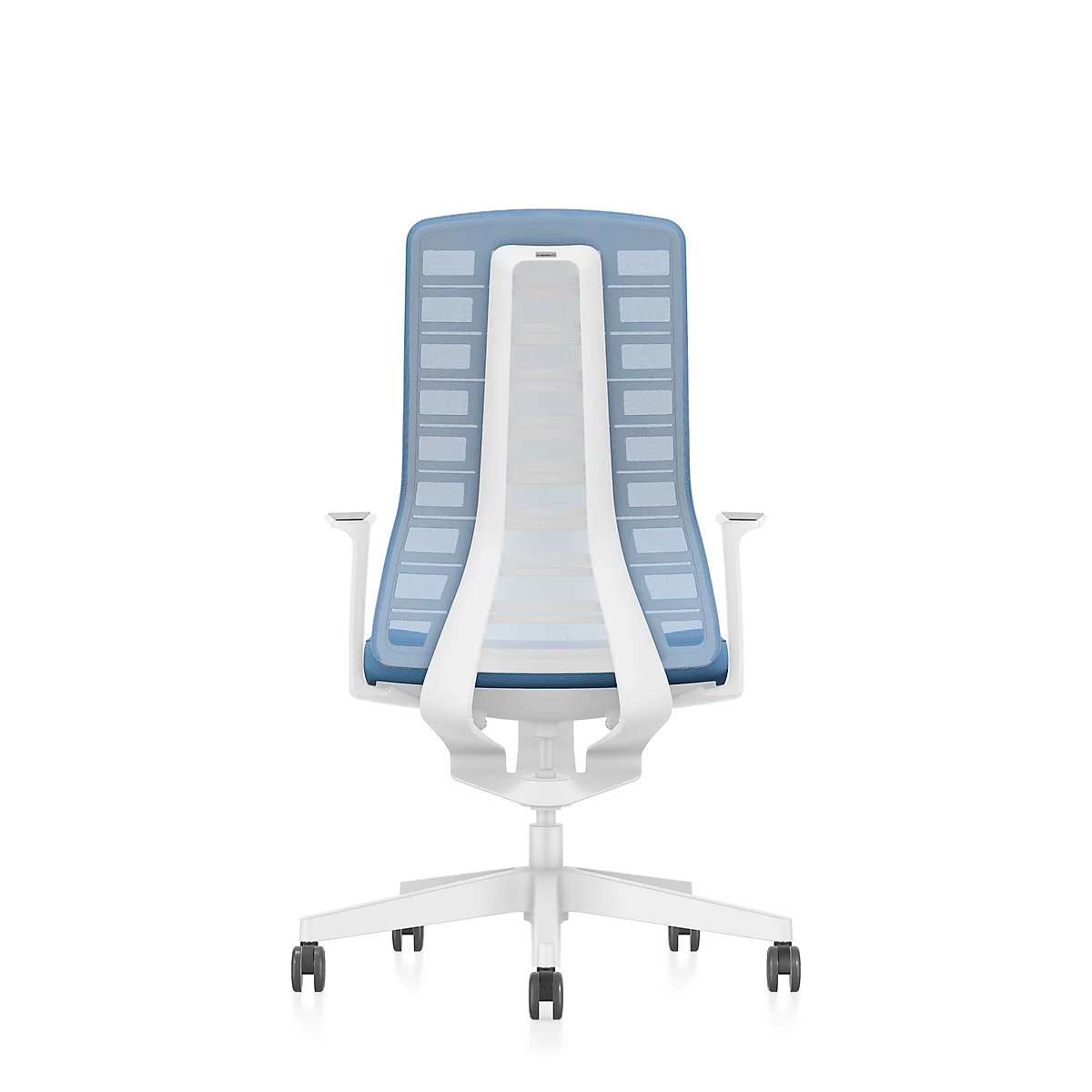 Silla de oficina PUREis3 de Interstuhl, reposabrazos fijos, mecanismo autosincronizado 3D, asiento contorneado, respaldo de malla, azul pastel/blanco
