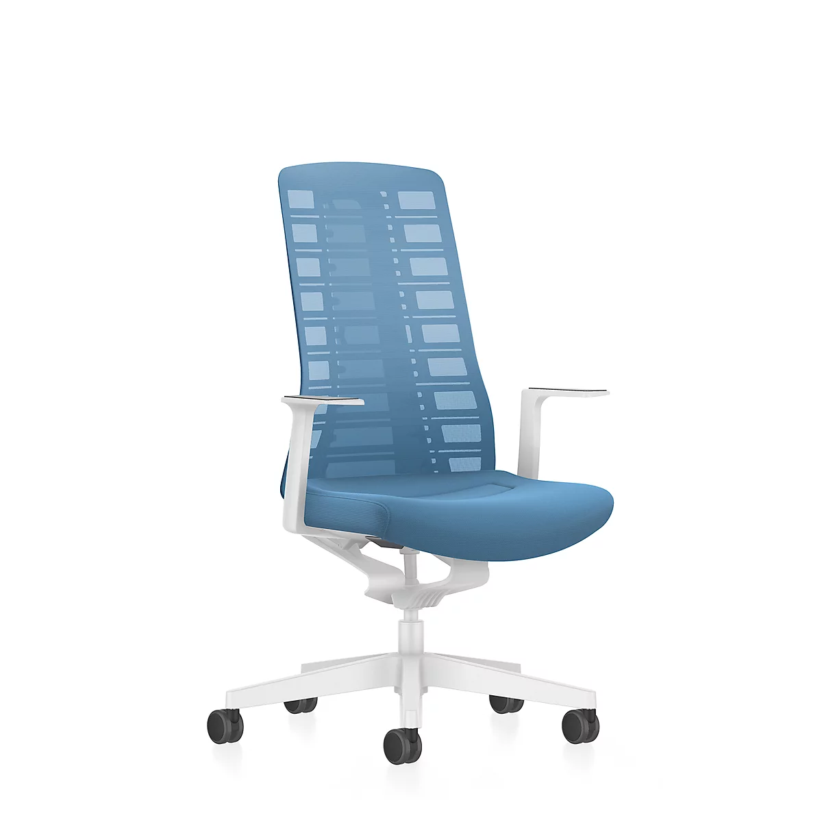 Silla de oficina PUREis3 de Interstuhl, reposabrazos fijos, mecanismo autosincronizado 3D, asiento contorneado, respaldo de malla, azul pastel/blanco