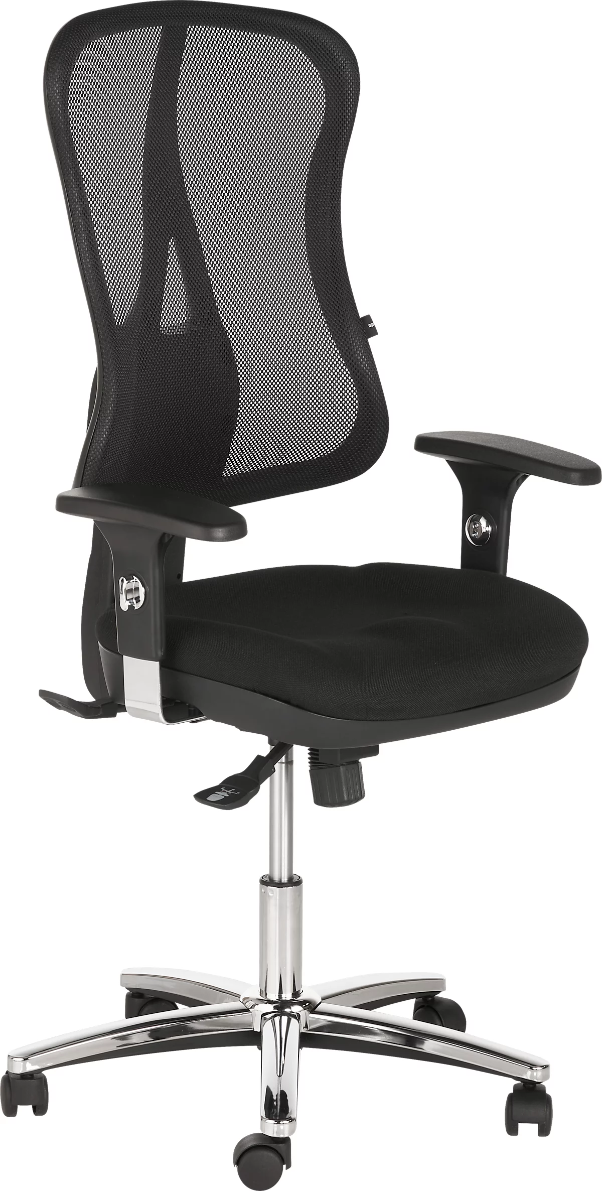 Silla de oficina negra con respaldo de malla, reposabrazos y estructura cromada.