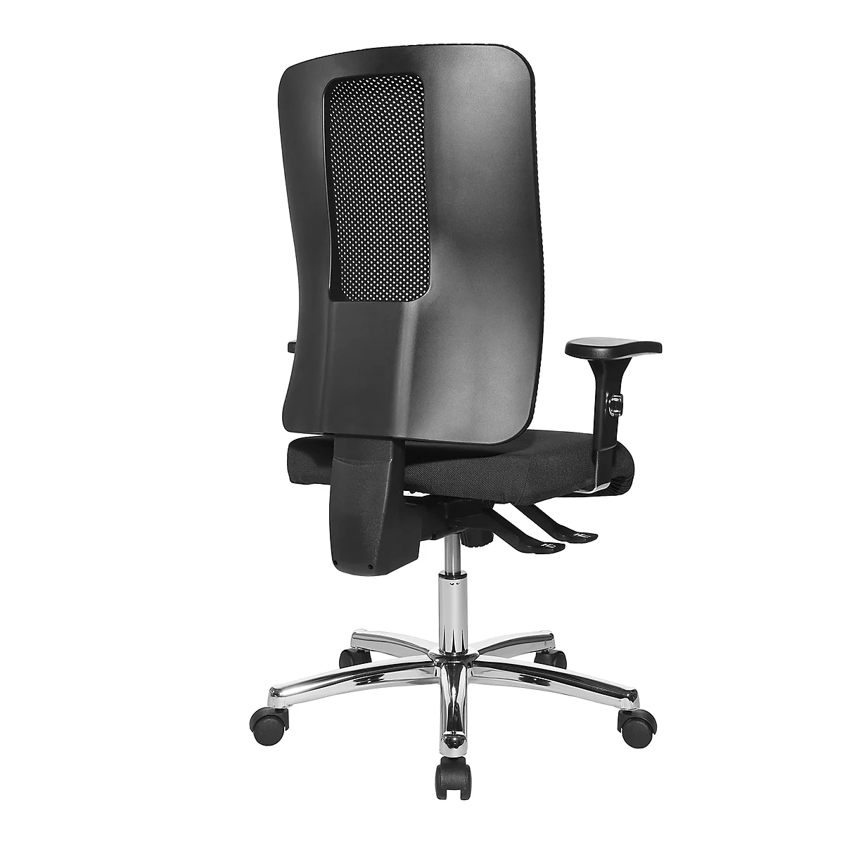 Silla de oficina Topstar OPEN X, mecanismo sincronizado, sin reposabrazos, respaldo de malla, asiento contorneado con rodillera, altura del asiento ajustable,