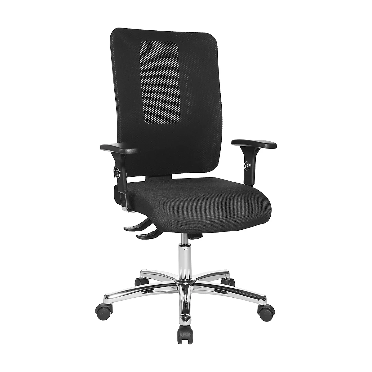 Silla de oficina Topstar OPEN X, mecanismo sincronizado, sin reposabrazos, respaldo de malla, asiento contorneado con rodillera, altura del asiento ajustable,