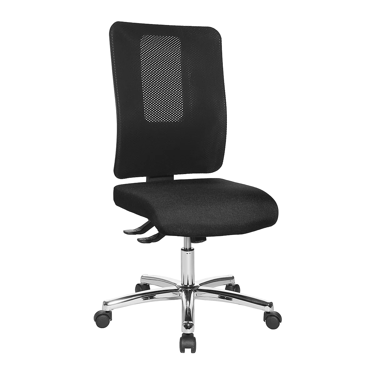 Silla de oficina Topstar OPEN X, mecanismo sincronizado, sin reposabrazos, respaldo de malla, asiento contorneado con rodillera, altura del asiento ajustable,