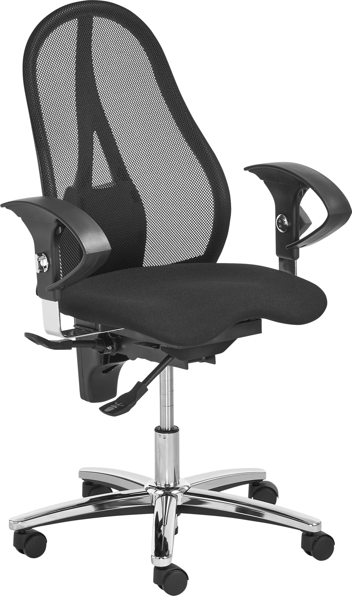 Silla de oficina Topstar SITNESS 15, contacto permanente, con apoyabrazos, respaldo de malla, asiento ortopédico Fitness negro