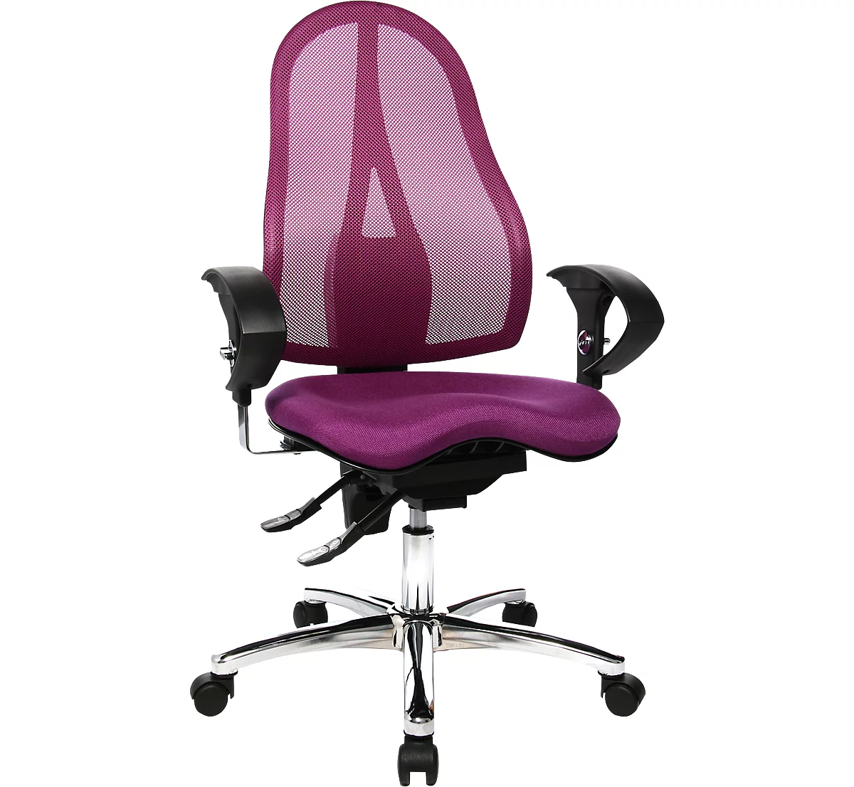 Silla de oficina Topstar SITNESS 15, contacto permanente, con apoyabrazos, respaldo de malla, asiento ortopédico Fitness violeta