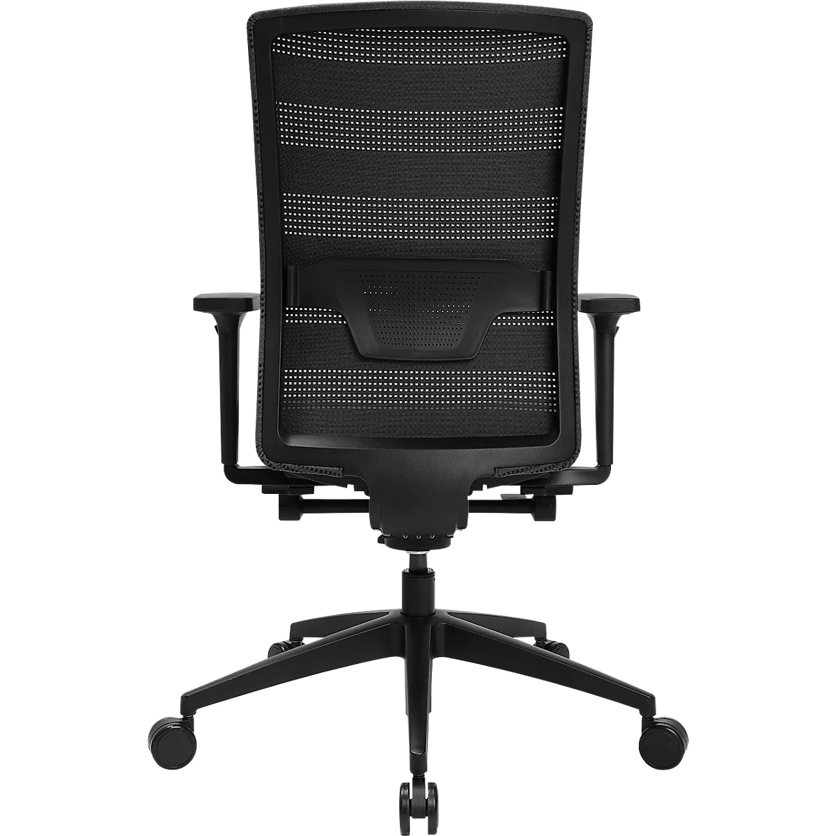 Silla de oficina negra, vista trasera: respaldo de malla, reposabrazos, 5 ruedas. Soporte central y base en cruz.