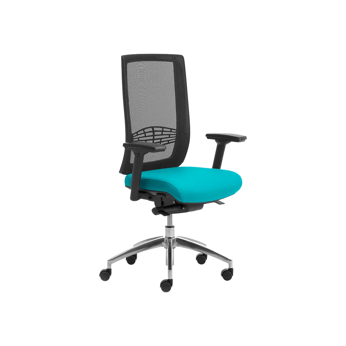 Silla de oficina WIKI, con reposabrazos, respaldo de malla, estructura de aluminio pulido, color turquesa