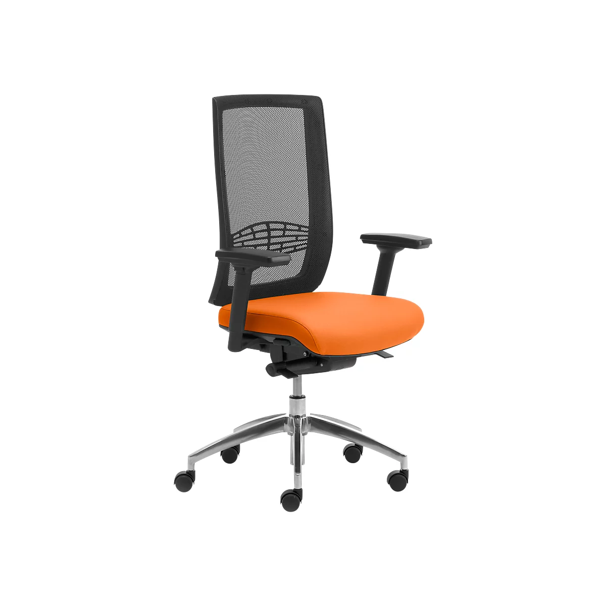 Silla de oficina WIKI, con reposabrazos, respaldo de malla, estructura de aluminio pulido, naranja