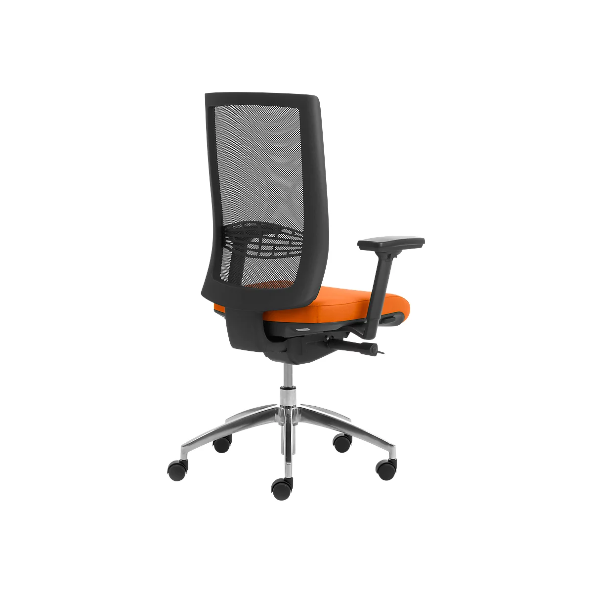 Silla de oficina WIKI, con reposabrazos, respaldo de malla, estructura de aluminio pulido, naranja