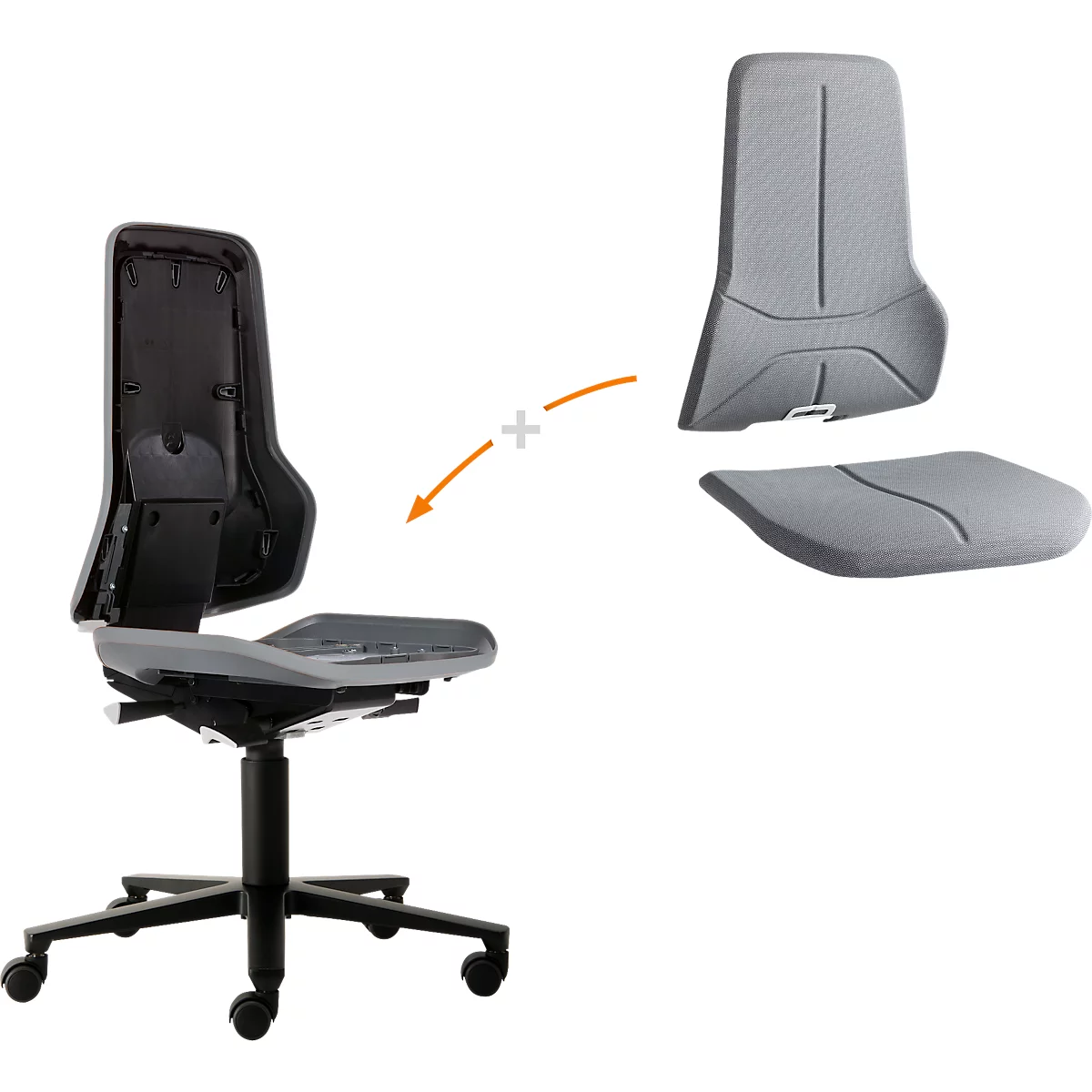 Silla de trabajo bimos NEON, contacto permanente, modelo básico sin elemento acolchado, con ruedas, banda flex gris