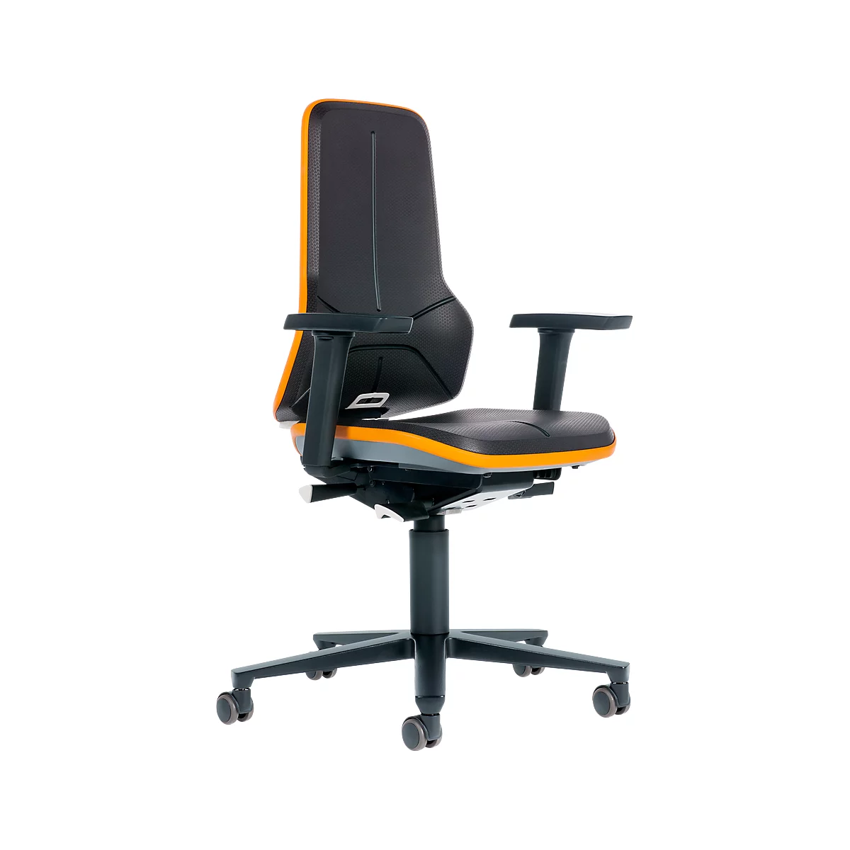 Silla de trabajo bimos NEON, contacto permanente, modelo básico sin elemento acolchado, con ruedas, banda flex naranja