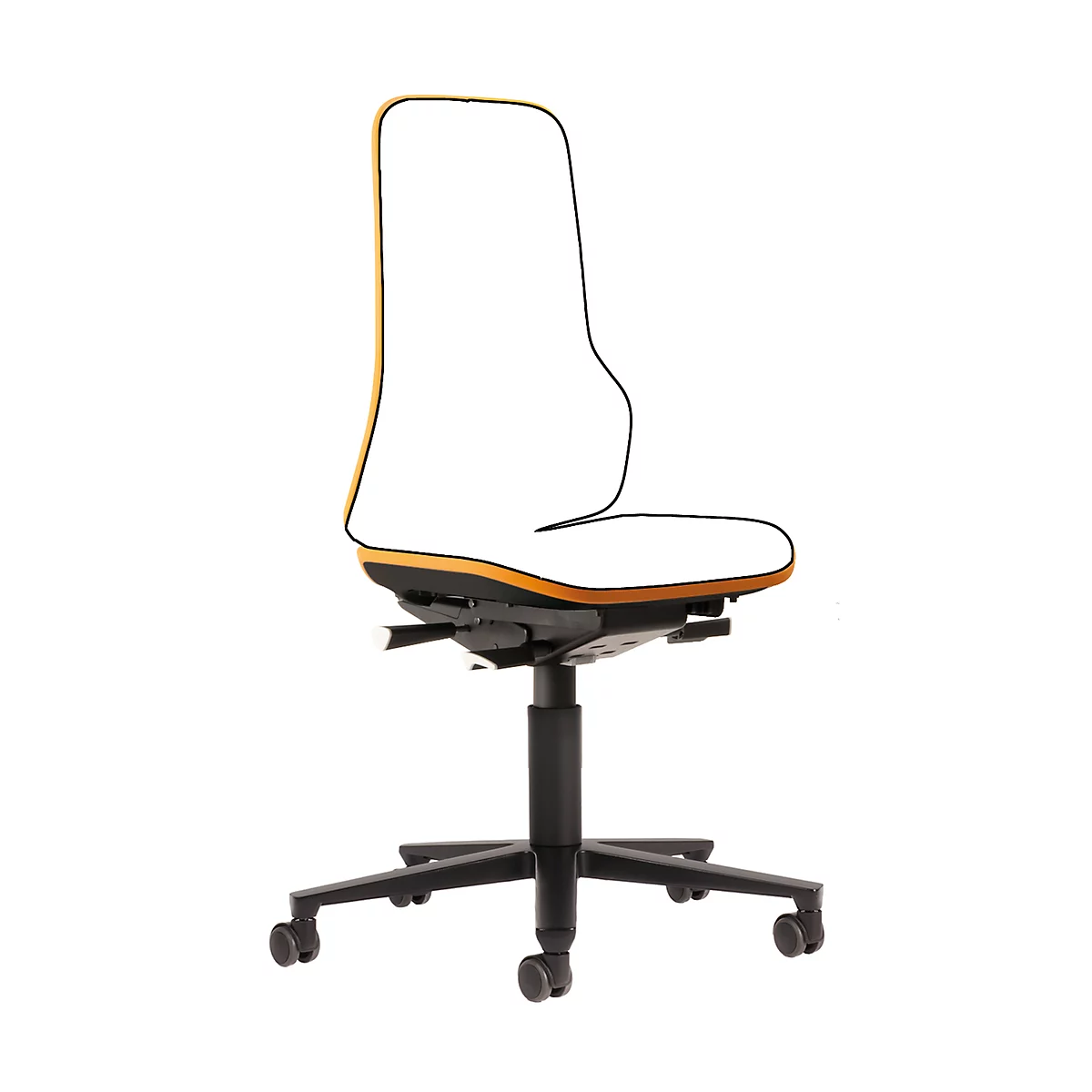 Silla de trabajo bimos NEON, contacto permanente, modelo básico sin elemento acolchado, con ruedas, banda flex naranja