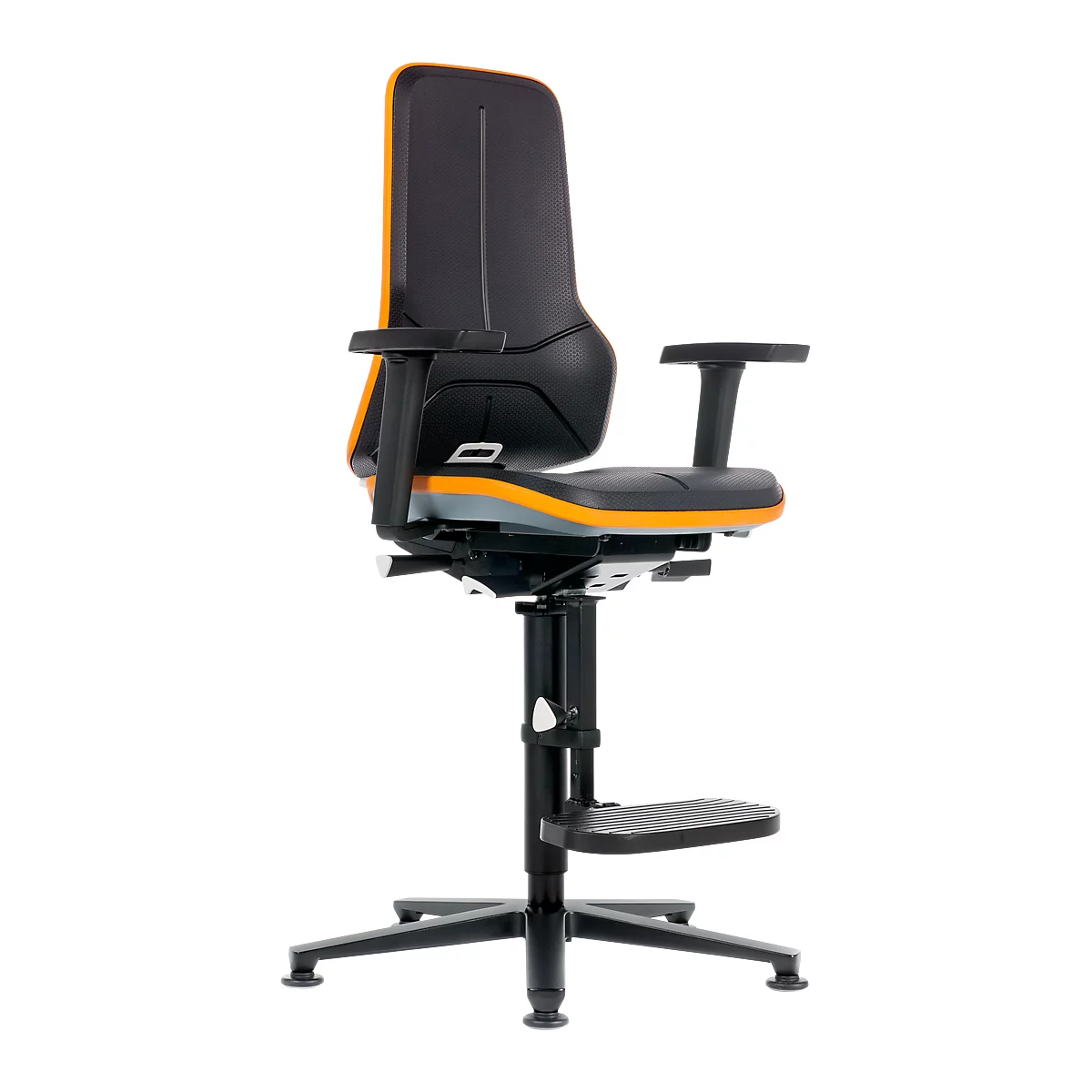 Silla de trabajo bimos NEON, contacto permanente, modelo básico sin elemento acolchado, deslizadores y estribo, banda flex naranja