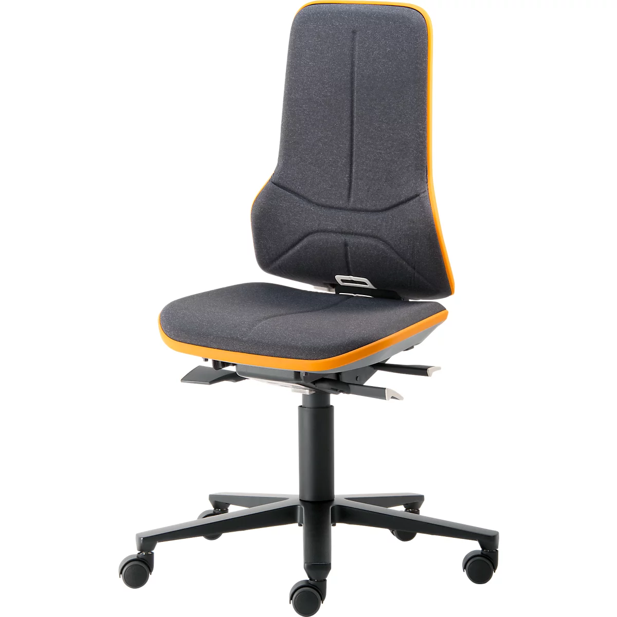 Silla de trabajo bimos NEON, mecanismo síncrono, modelo básico sin elemento acolchado, con ruedas, banda flex naranja