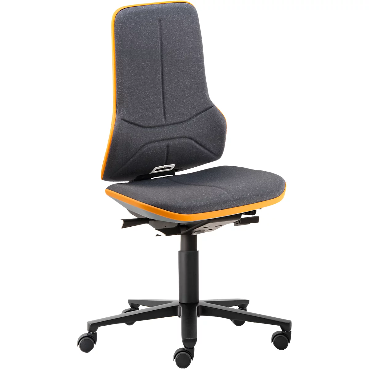 Silla de trabajo bimos NEON, mecanismo síncrono, modelo básico sin elemento acolchado, con ruedas, banda flex naranja