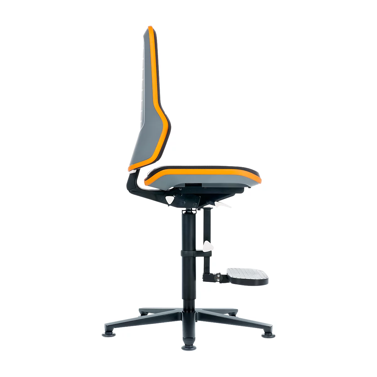 Silla de trabajo bimos NEON, mecanismo síncrono, modelo básico sin elemento acolchado, deslizadores y estribo, banda flex naranja