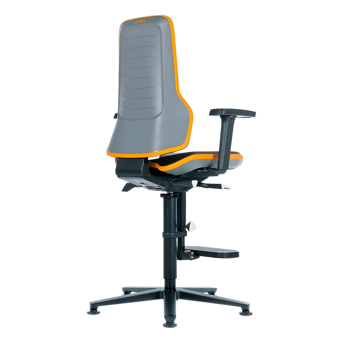 Silla de trabajo bimos NEON, mecanismo síncrono, modelo básico sin elemento acolchado, deslizadores y estribo, banda flex naranja