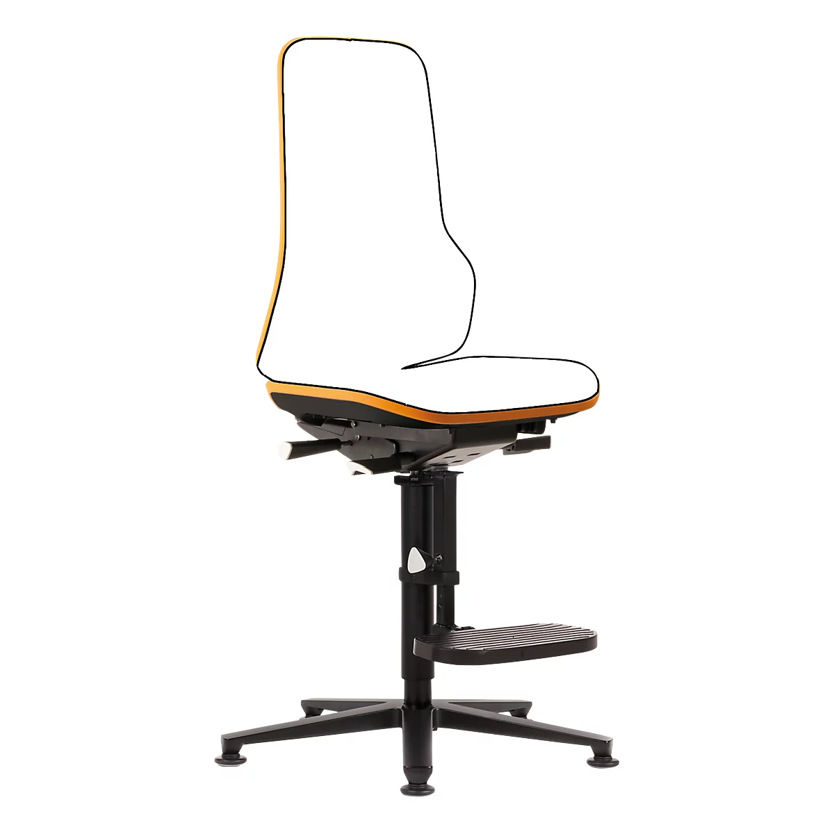 Silla de trabajo bimos NEON, mecanismo síncrono, modelo básico sin elemento acolchado, deslizadores y estribo, banda flex naranja