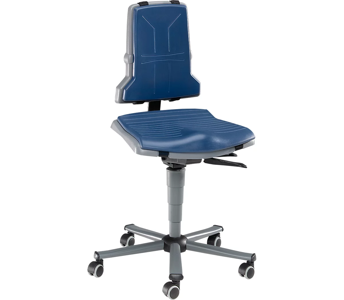 Silla de trabajo bimos SINTEC, contacto permanente con regulación de inclinación del asiento, asiento ortopédico, sin reposabrazos ni acolchado, con ruedas