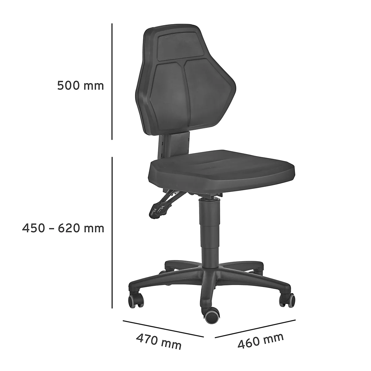 Silla giratoria de trabajo Allrounder, sin reposabrazos, contacto permanente, con ruedas, acolchado de PU, negro