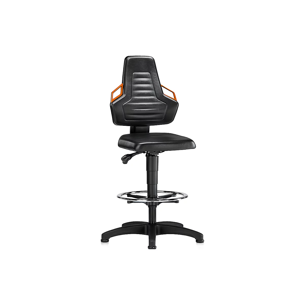 Silla giratoria de trabajo, deslizadores y aro reposapiés, cuero sintético negro, asideros naranja