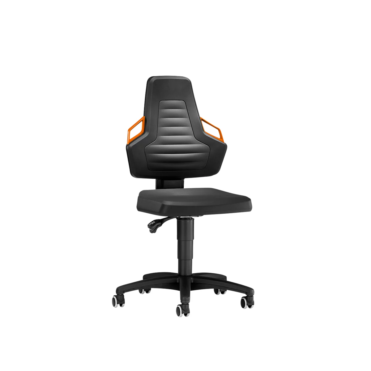 Silla giratoria de trabajo, ruedas, espuma de PU negro, asideros naranja