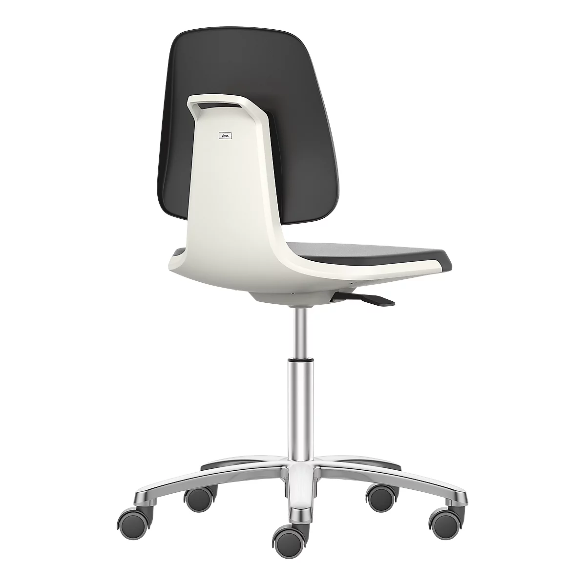 Silla de oficina, vista trasera, blanco y negro, con reposabrazos y ruedas.