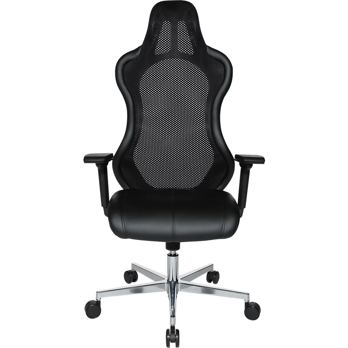 Sillón de dirección Open Chief Premium, con reposabrazos, mecanismo síncrono, asiento moldeado, reposacabezas, negro/aluminio plateado