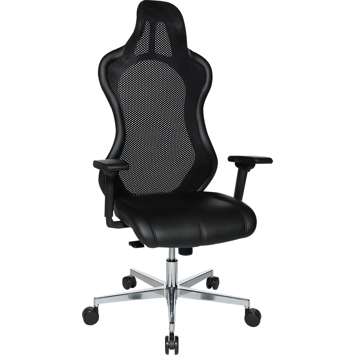 Sillón de dirección Open Chief Premium, con reposabrazos, mecanismo síncrono, asiento moldeado, reposacabezas, negro/aluminio plateado