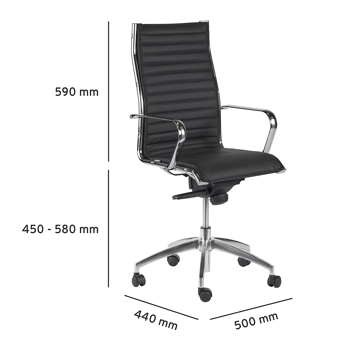 Sillón de dirección VANDA, respaldo alto, cuero, con reposabrazos, negro