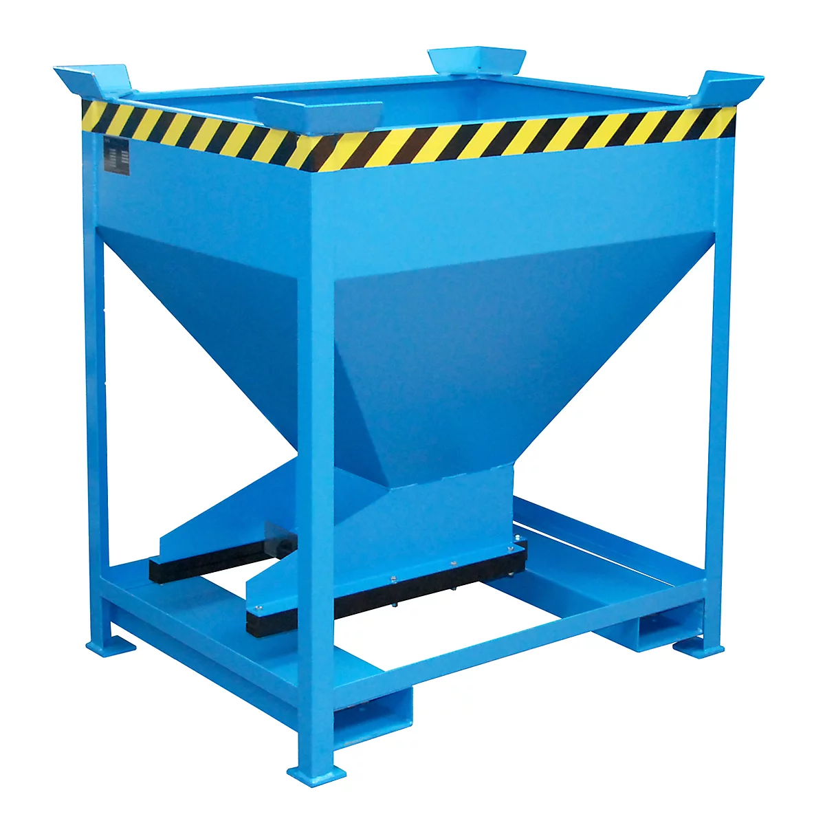 Blue container with yellow and black warning stripes. On metal frame, funnel-shaped.