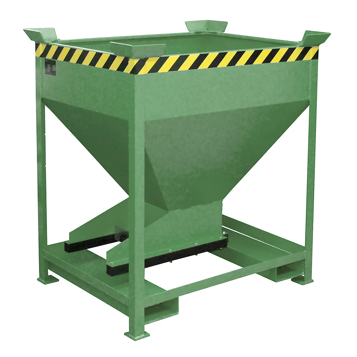 Green metal container with angled sides and yellow and black warning stripes on the edge.