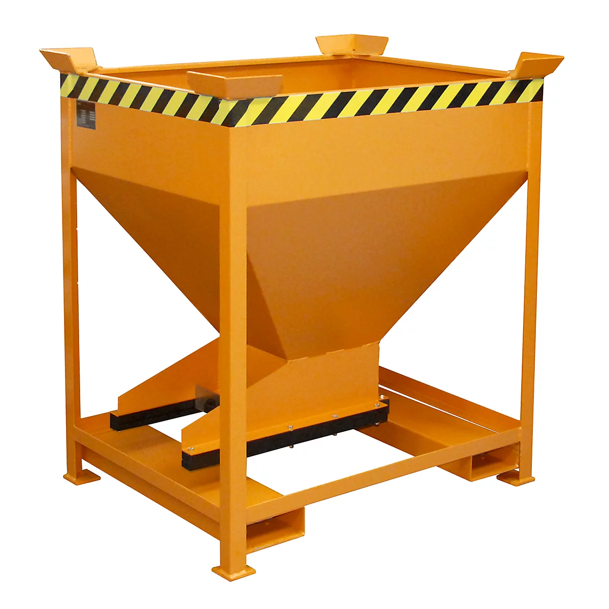 An orange material container with black and yellow warning stripes. It stands on a metal frame and has a conical shape.