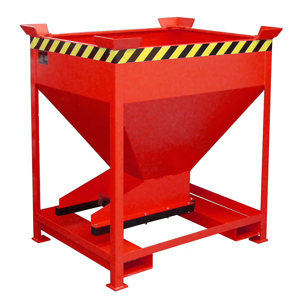 Red container with black and yellow warning stripe, conical shape, on metal frame.