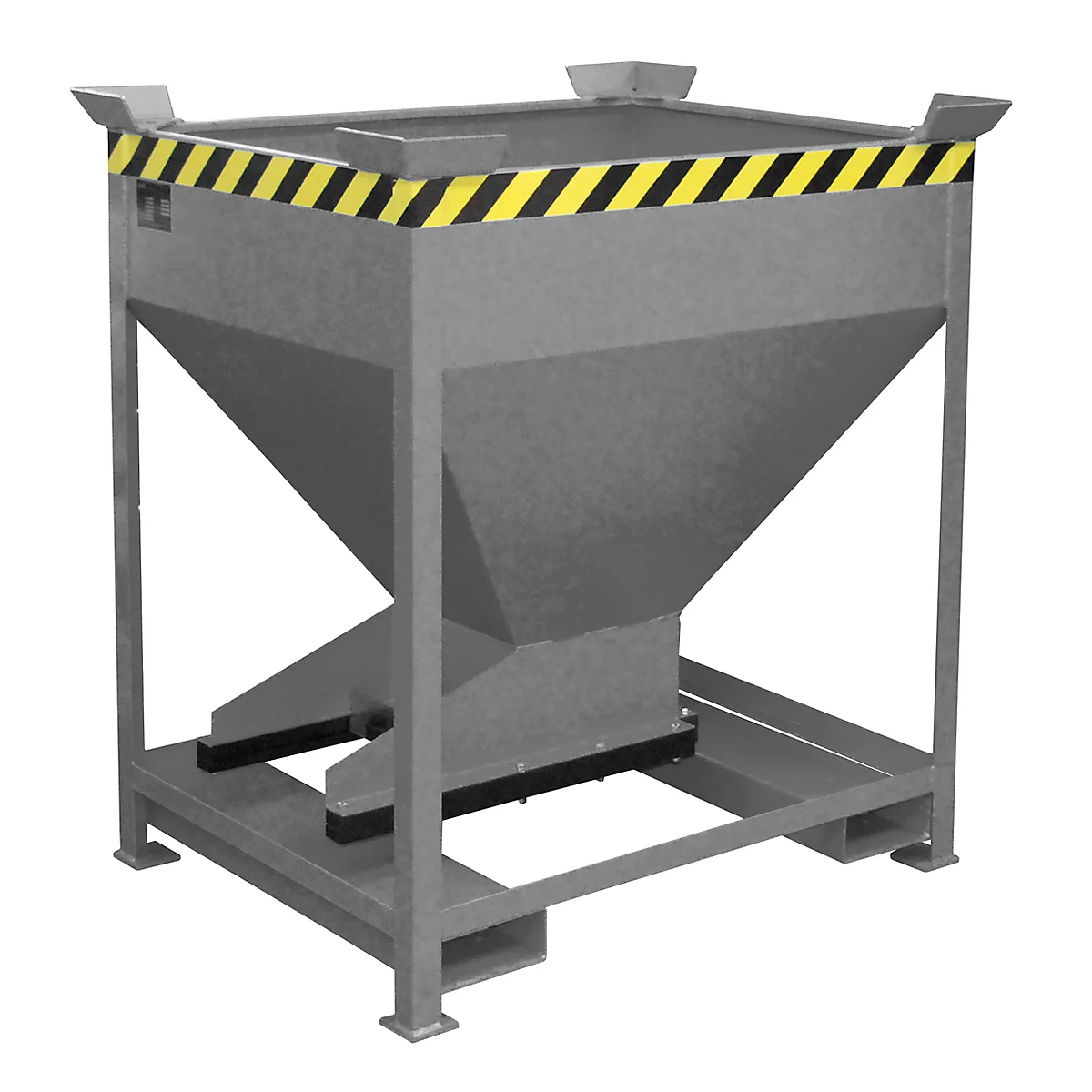 Gray metal container with sloping sides and yellow and black warning stripe on the top edge, on a metal frame.