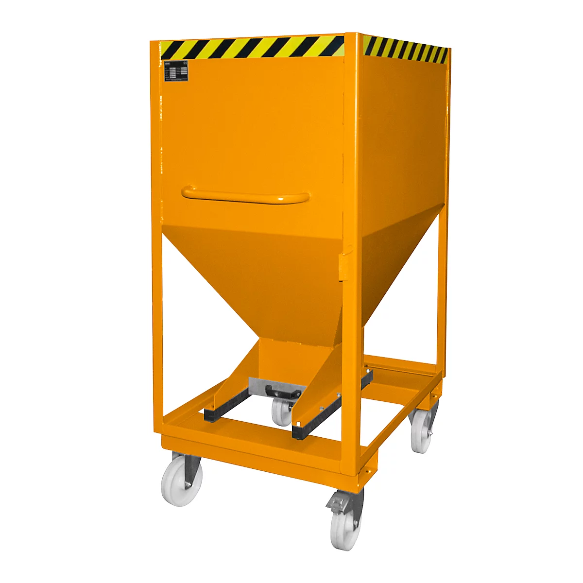 Silocontainer type SRE-D 600, met insteekgaten voor hefwagen en wielen, gelakt, oranje
