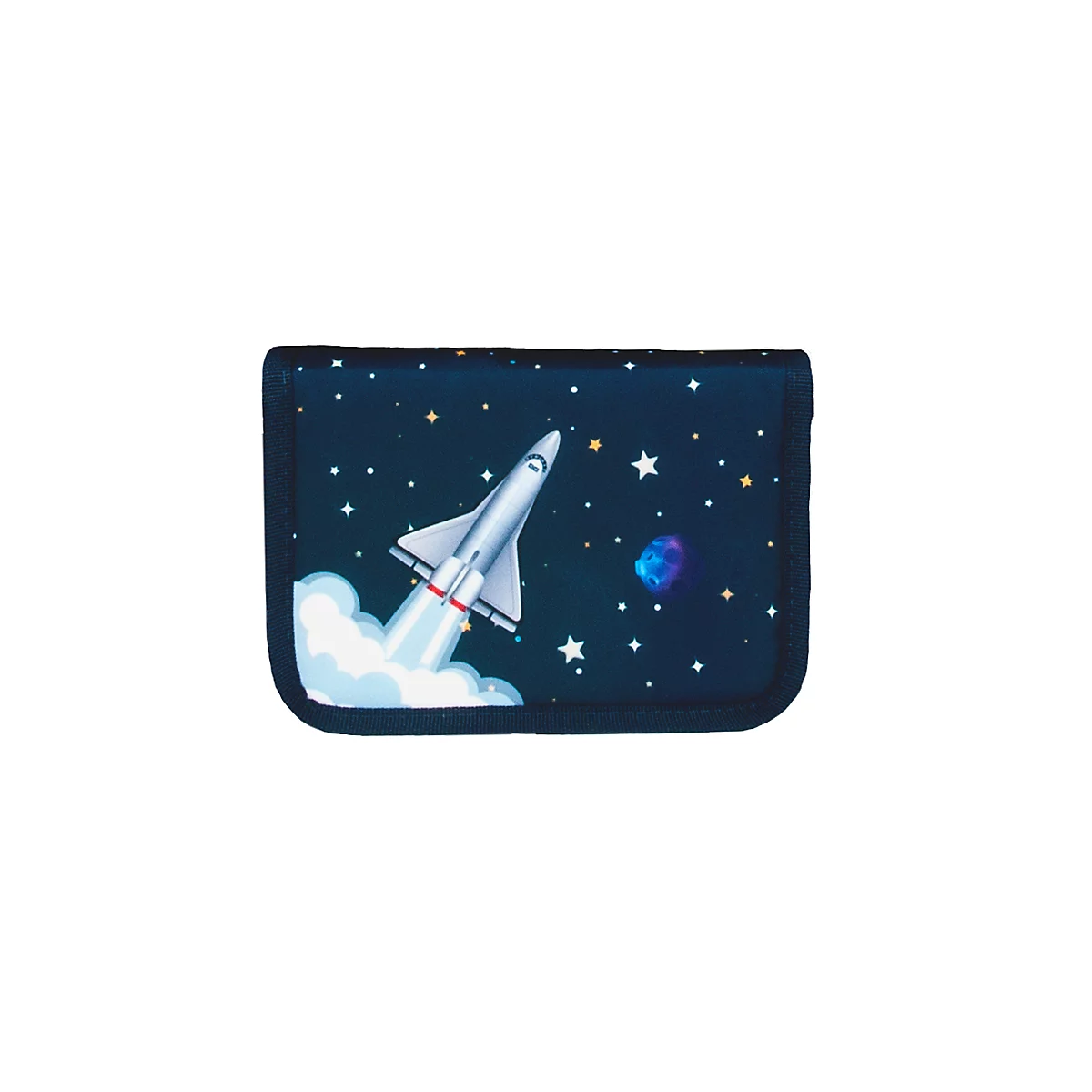 Trousse avec un motif spatial : une fusée s'élève dans le ciel nocturne parsemé d'étoiles et d'une planète.