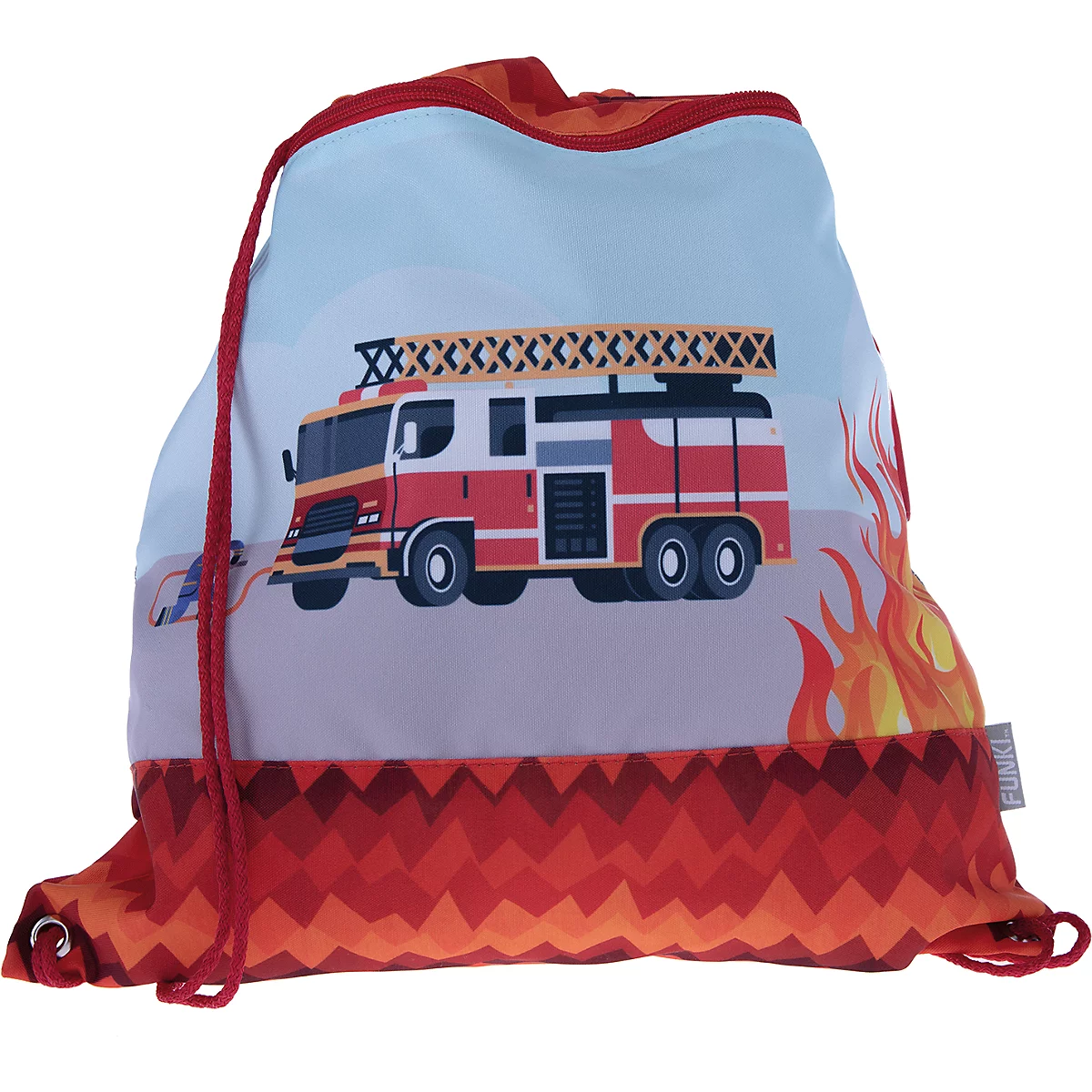 Sac de sport rouge avec motif de camion de pompiers, cordon de serrage rouge.